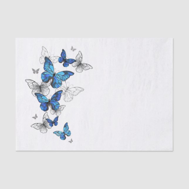 Papier Mousseline Papillons volants bleus Morpho (Recto)