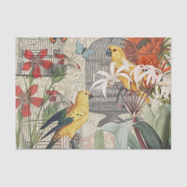 Papier Mousseline Parrot Jaune Tropical Antique Fleur (Recto)