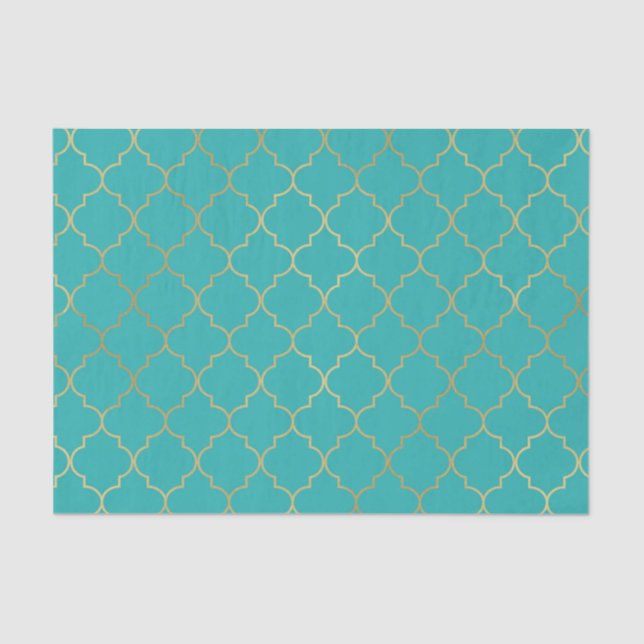 Papier Mousseline Parti Motif Quatrefoil turquoise & Gold (Recto)