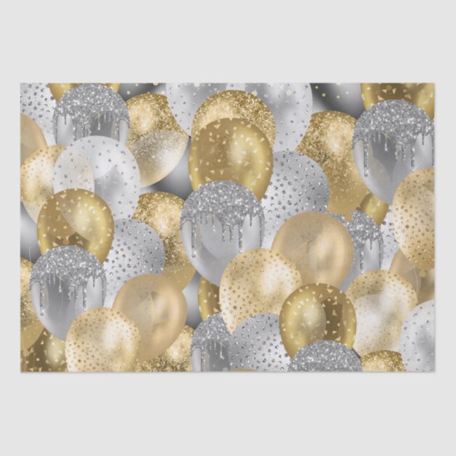 Papier Mousseline Parties scintillant Ballons Or et Argent Anniversa (Recto)