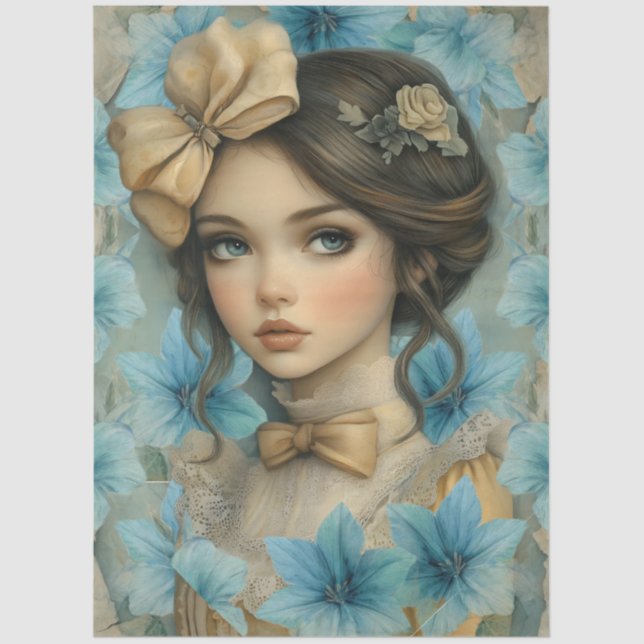 Papier Mousseline Pastel Blue Florals & Girl with Flower in Her Hair (Recto)