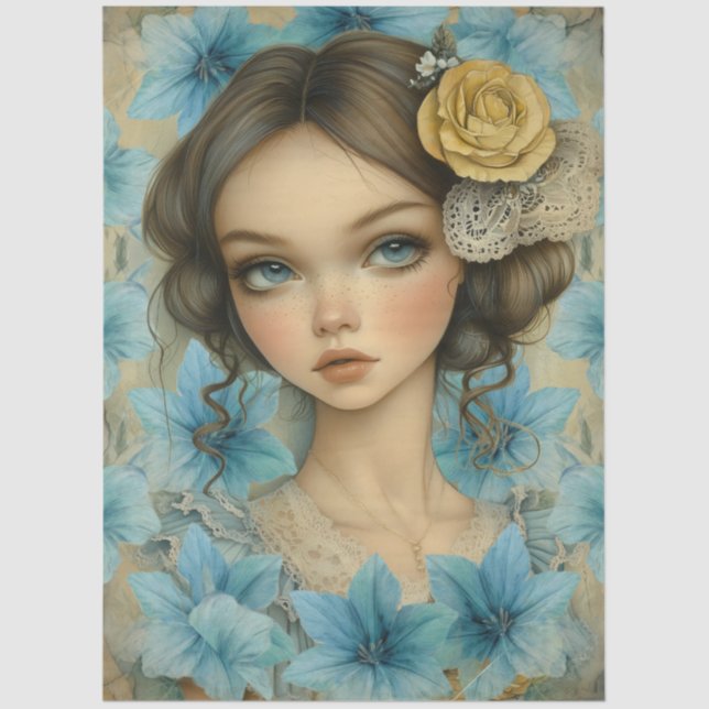 Papier Mousseline Pastel Blue Florals & Girl with Flower in Her Hair (Recto)