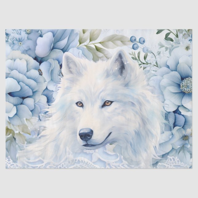 Papier Mousseline Pastel Blue Victorian Florals & White Wolf Head  (Recto)