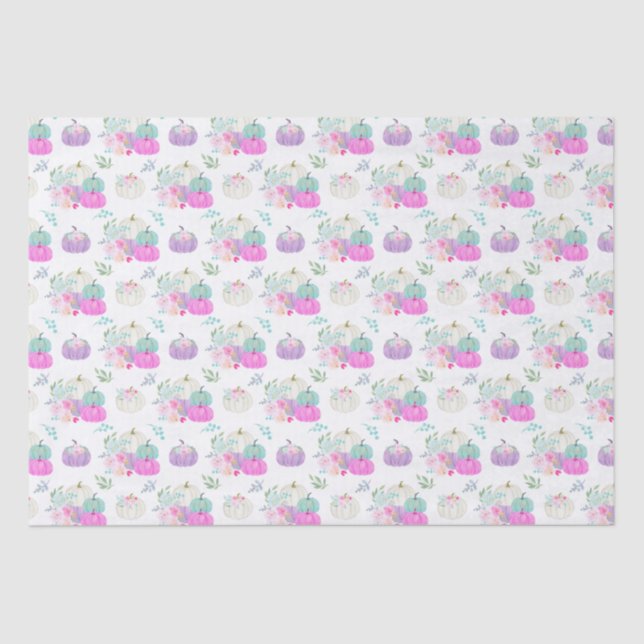 Papier Mousseline Pastel Floral Citrouilles en rose, violet et bleu (Recto)