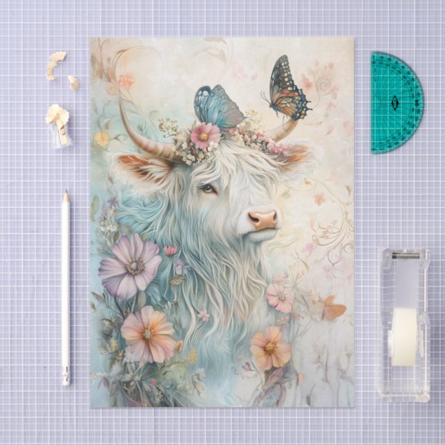 Papier Mousseline Pastel Floral Highland Cow Decoupage (Artisanat)
