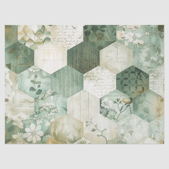 Papier Mousseline Patchwork Botanique Hexagonal Vintage (Recto)