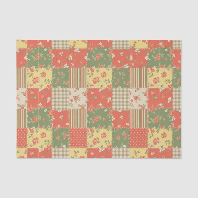Papier Mousseline Patchwork Gingham Floral Aspect Maison de Campagne (Recto)