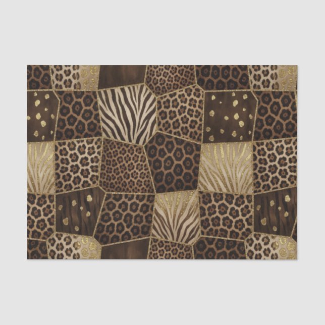 Papier Mousseline Patchwork Imprimé Animalier Africain | Marron & Or (Recto)