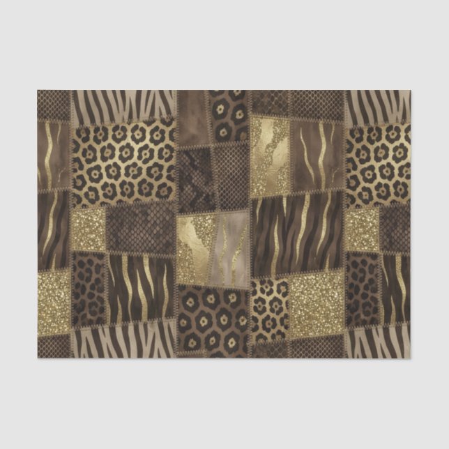 Papier Mousseline Patchwork Imprimé Animalier Africain | Marron & Or (Recto)