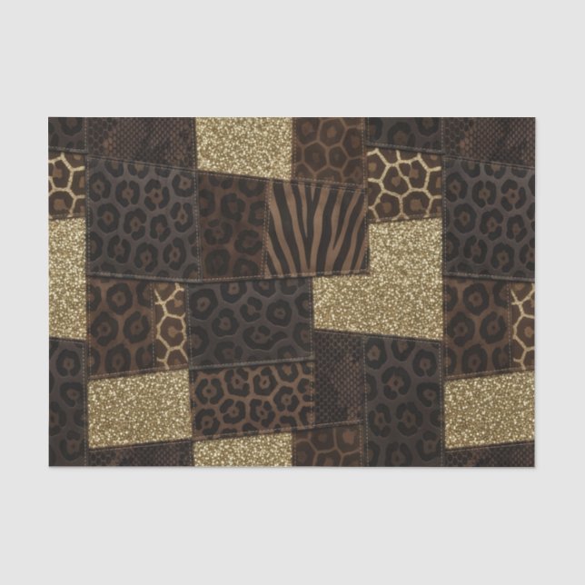 Papier Mousseline Patchwork Imprimé Animalier Africain | Marron & Or (Recto)