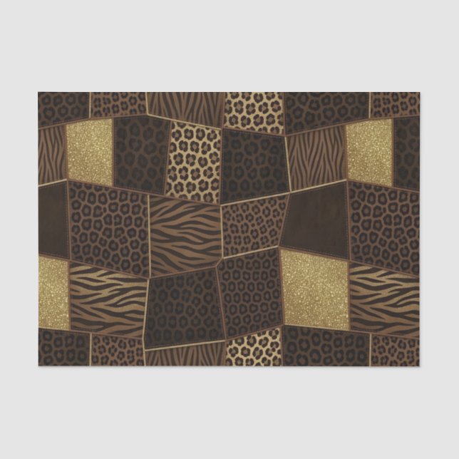 Papier Mousseline Patchwork Imprimé Animalier Africain | Marron & Or (Recto)
