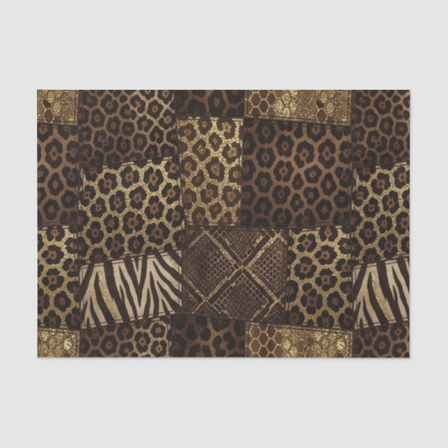 Papier Mousseline Patchwork Imprimé Animalier Africain | Marron & Or (Recto)