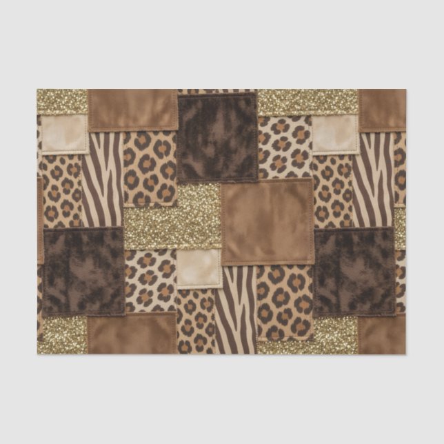 Papier Mousseline Patchwork Imprimé Animalier Africain | Marron & Or (Recto)