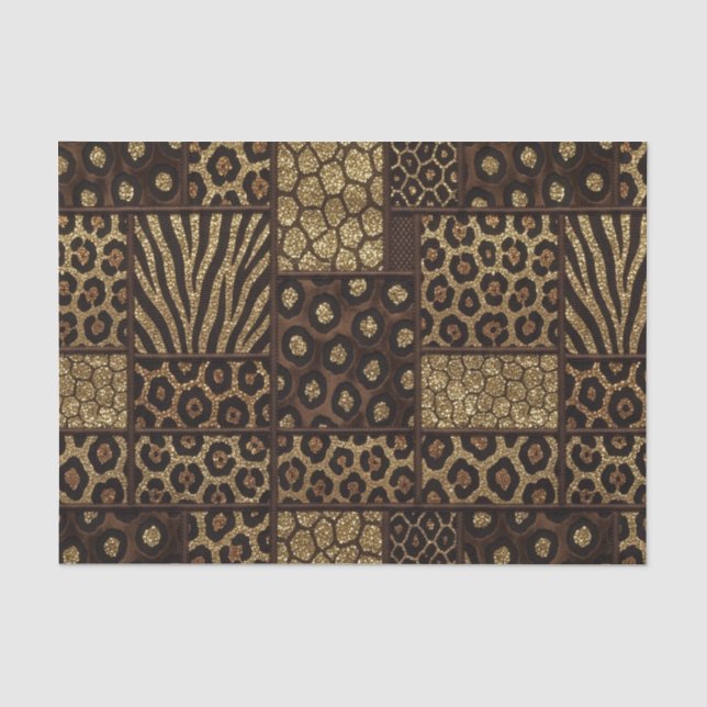 Papier Mousseline Patchwork Imprimé Animalier Africain | Marron & Or (Recto)
