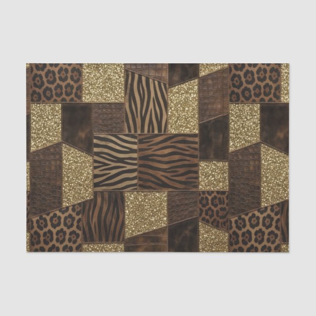 Papier Mousseline Patchwork Imprimé Animalier Africain | Marron & Or (Recto)