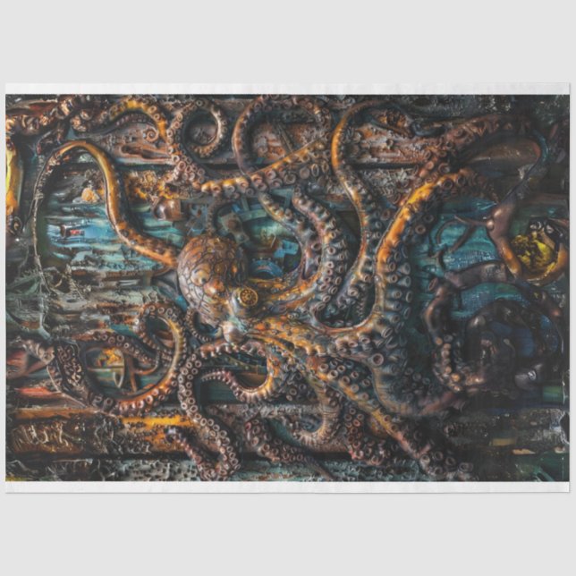 Papier Mousseline Patina bleu rouille Octopus Découpage (Recto)
