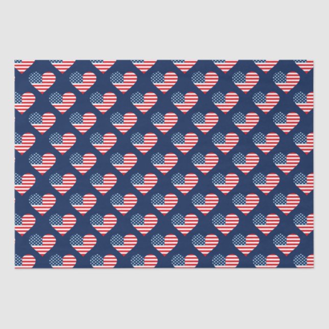 Papier Mousseline Patriotique Rouge, Blanc & Bleu USA Coeurs Drapeau (Recto)