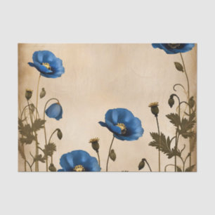 Papier Mousseline Pavot bleu vintage sur parchemin vieilli