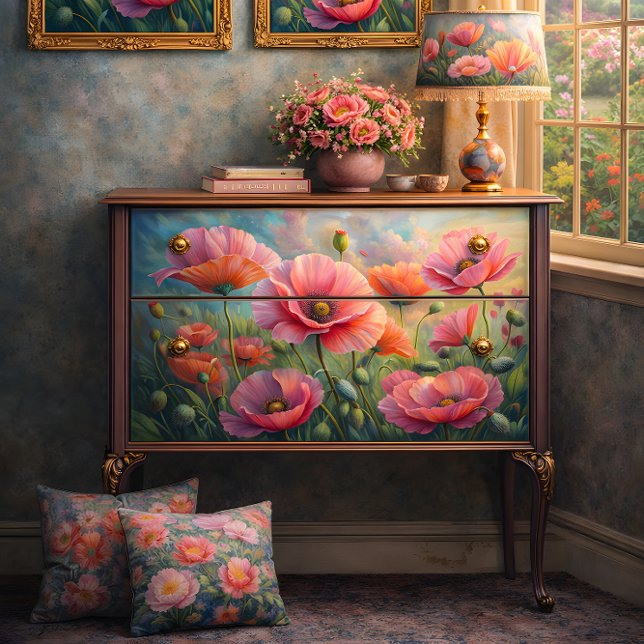 Papier Mousseline Pavot rose Jardin Floral Découpage (Pink Poppy Garden Floral Decoupage Tissue Paper)