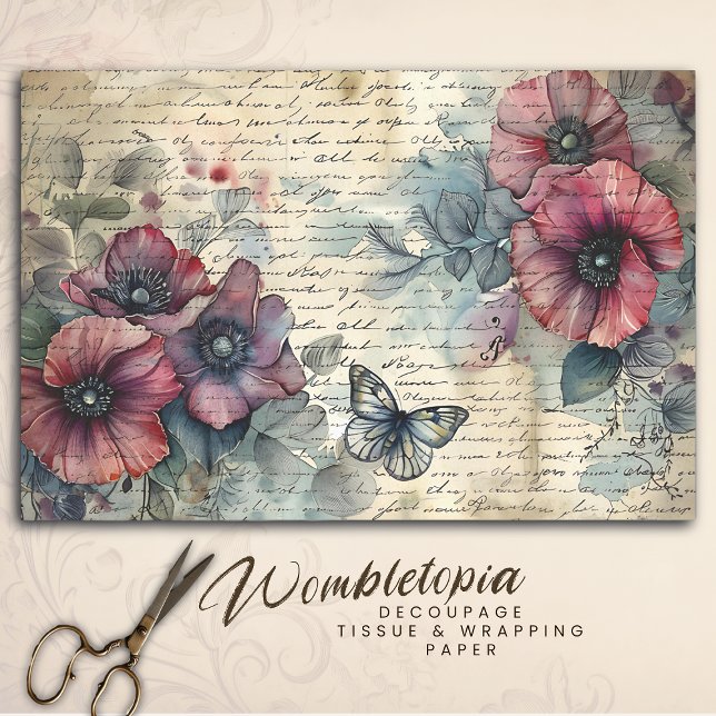 Papier Mousseline Pavot rouge vintage et aquarelle papillon (Créateur téléchargé)