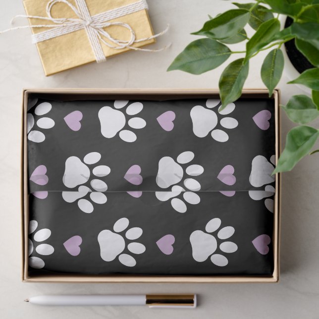 Papier Mousseline Paw Motif, Chien Paws, White Paws, Lilac Hearts (Cadeau)