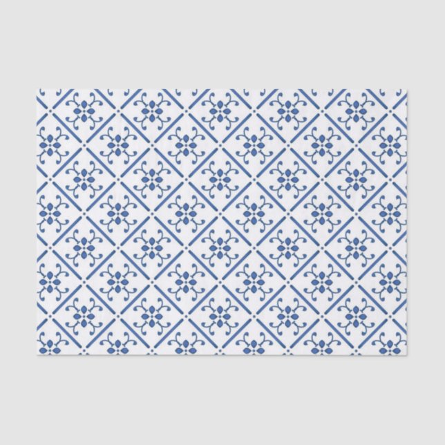 Papier Mousseline Pays Bleu Blanc Motif Carrelage Méditerranée (Recto)