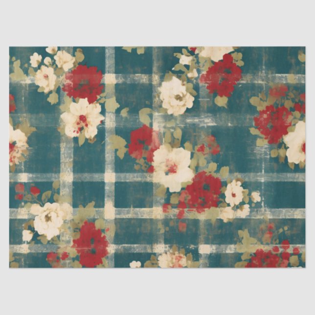 Papier Mousseline Pays Grunge Distresse Plaid Floral Decoupage (Recto)