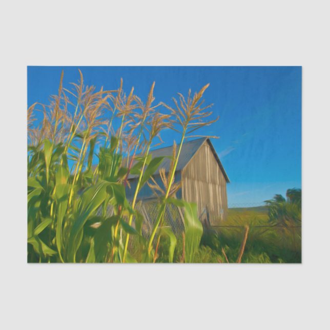 Papier Mousseline Pays Rustique Vielle Grange Bleue Ferme verte (Recto)