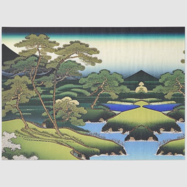 Papier Mousseline Paysage Asiatique Plan d'eau avec arbres Découpage (Recto)