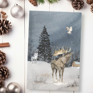 Papier Mousseline Paysage d'hiver Aquarelle Wolf Moose Scene