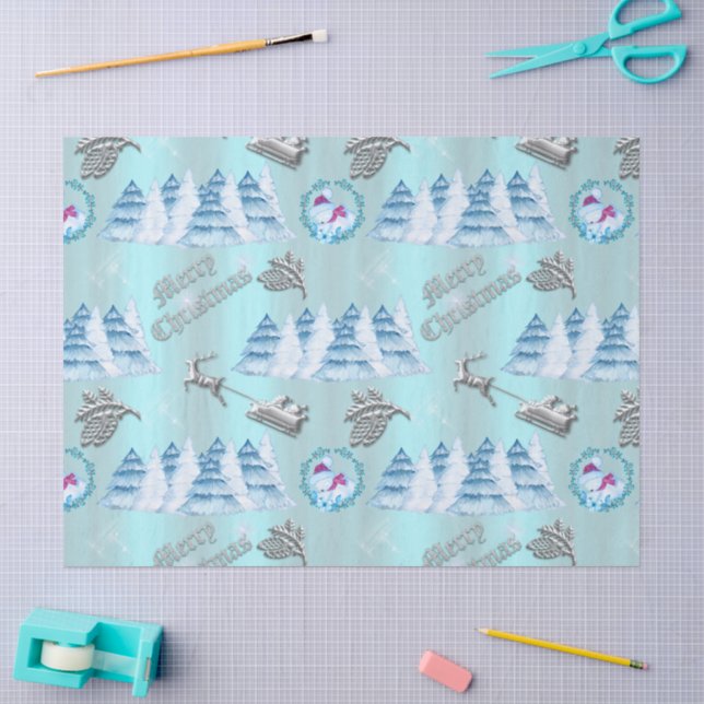 Papier Mousseline Paysage d'hiver Noël bleu (Artisanat)