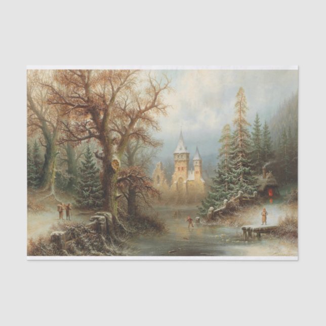 Papier Mousseline Paysage d'hiver romantique avec patineurs de glace (Recto)