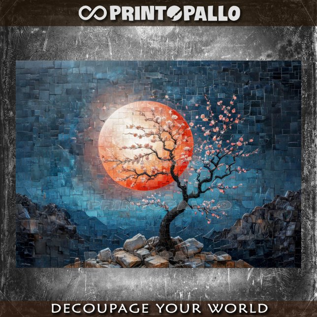 Papier Mousseline Paysage en mosaïque avec soleil rouge et cerisier (Créateur téléchargé)