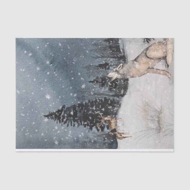 Papier Mousseline Paysage hivernal Aquarelle Loup Cerf (Recto)