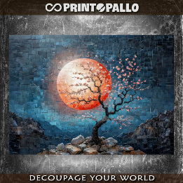 Papier Mousseline Paysage mosaïque avec soleil rouge et cerisier
