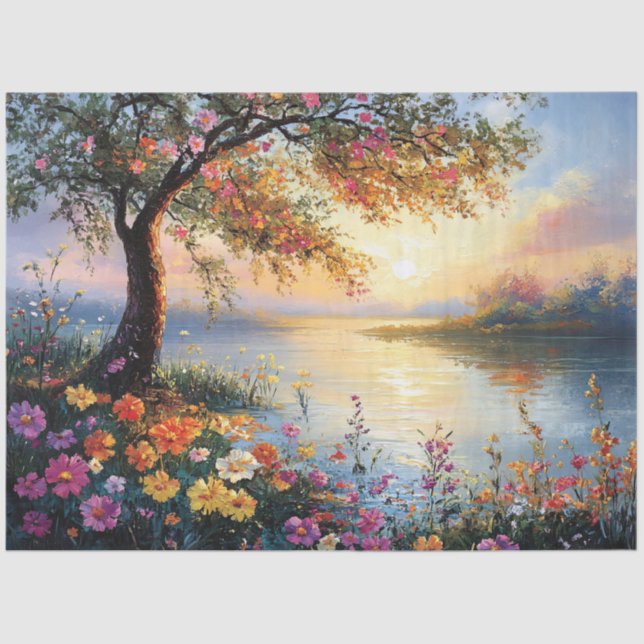 Papier Mousseline Paysage printanier fleuri et arboré (Recto)