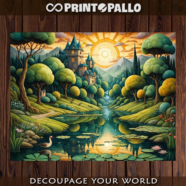 Papier Mousseline Paysage rêvé avec une rivière et un château à l'au (Créateur téléchargé)