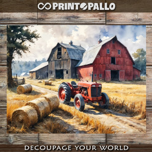 Papier Mousseline Paysage rural de campagne avec grange et tracteur