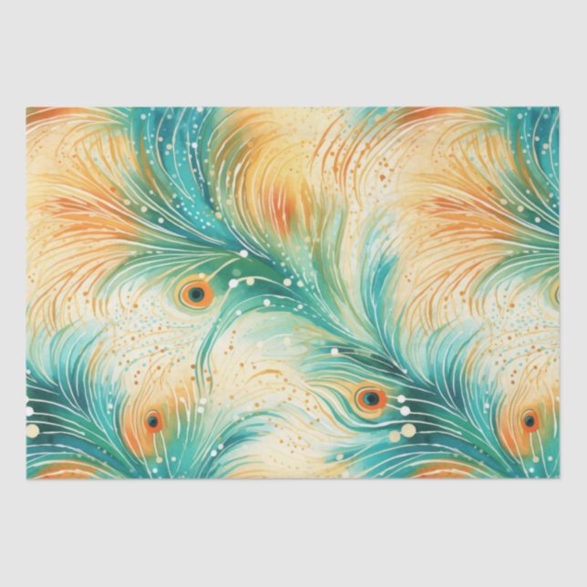Papier Mousseline Peach Turquoise Tropical Orange Peacock Plumes II (Recto)