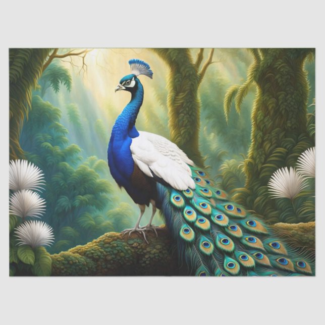 Papier Mousseline Peacock blanc et bleu majestueux en forêt (Recto)
