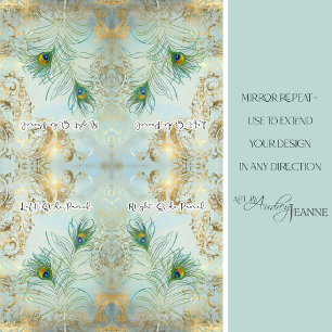 Papier Mousseline Peacock Feathers Gold et Dusty Blue Decoupage