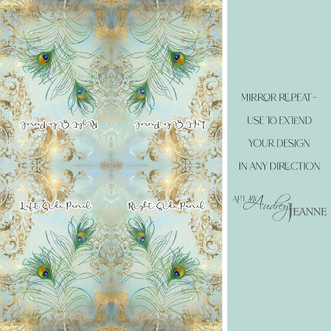 Papier Mousseline Peacock Feathers Gold et Dusty Blue Decoupage (Créateur téléchargé)