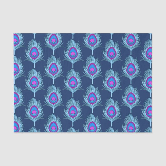 Papier Mousseline Peacock Feathers, Navy et Pastel Blue (Recto)