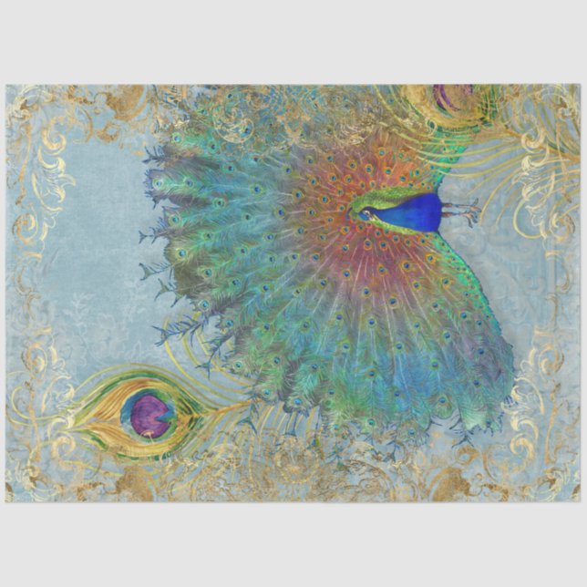 Papier Mousseline Peacock Gold Foil Scrollwork Feature Decoupage Art (Recto)