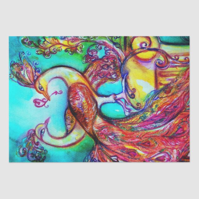 Papier Mousseline PEACOCKS EN AMOUR, AQUA ROUGE BLEU TURQUOISE Valen (Recto)