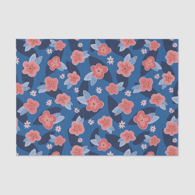 Papier Mousseline Pêche moderne et motif floral bleu (Recto)