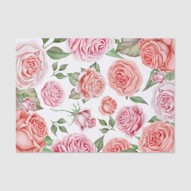 Papier Mousseline Pêcher Corail rose Roses Verdure Feuilles Shabby C (Recto)