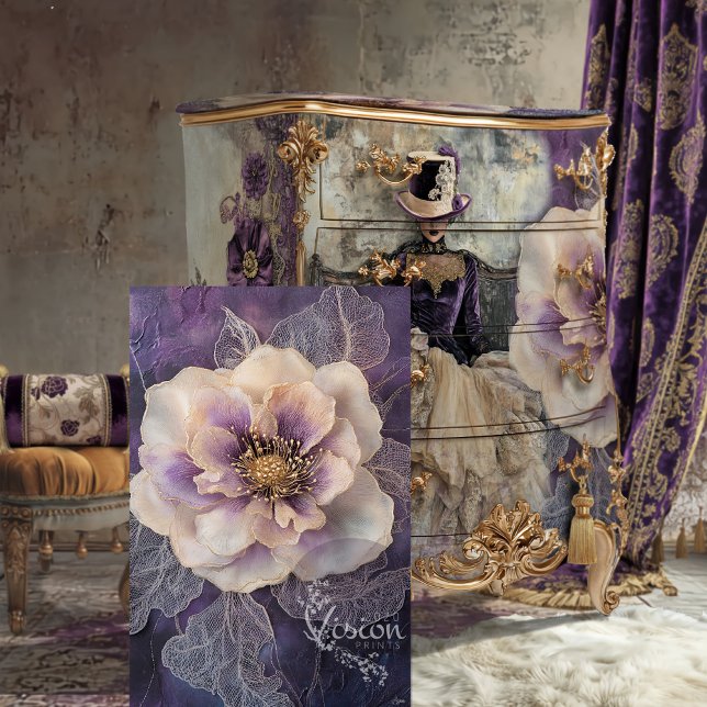 Papier Mousseline Peine médiatique mixte, violet foncé, lilas et gri (Oversized Peony Flower, Shabby Chic, Mixed Media, Moody Purples, decoupage tissue paper.)