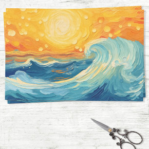 Papier Mousseline Peinture à l'huile côtière Soleil et vagues Découp