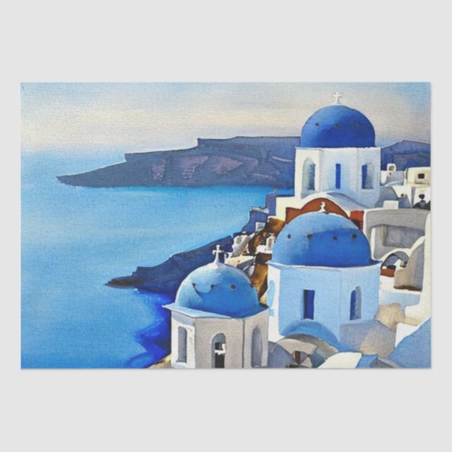 Papier Mousseline Peinture aquarelle de Santorin Grèce (Recto)